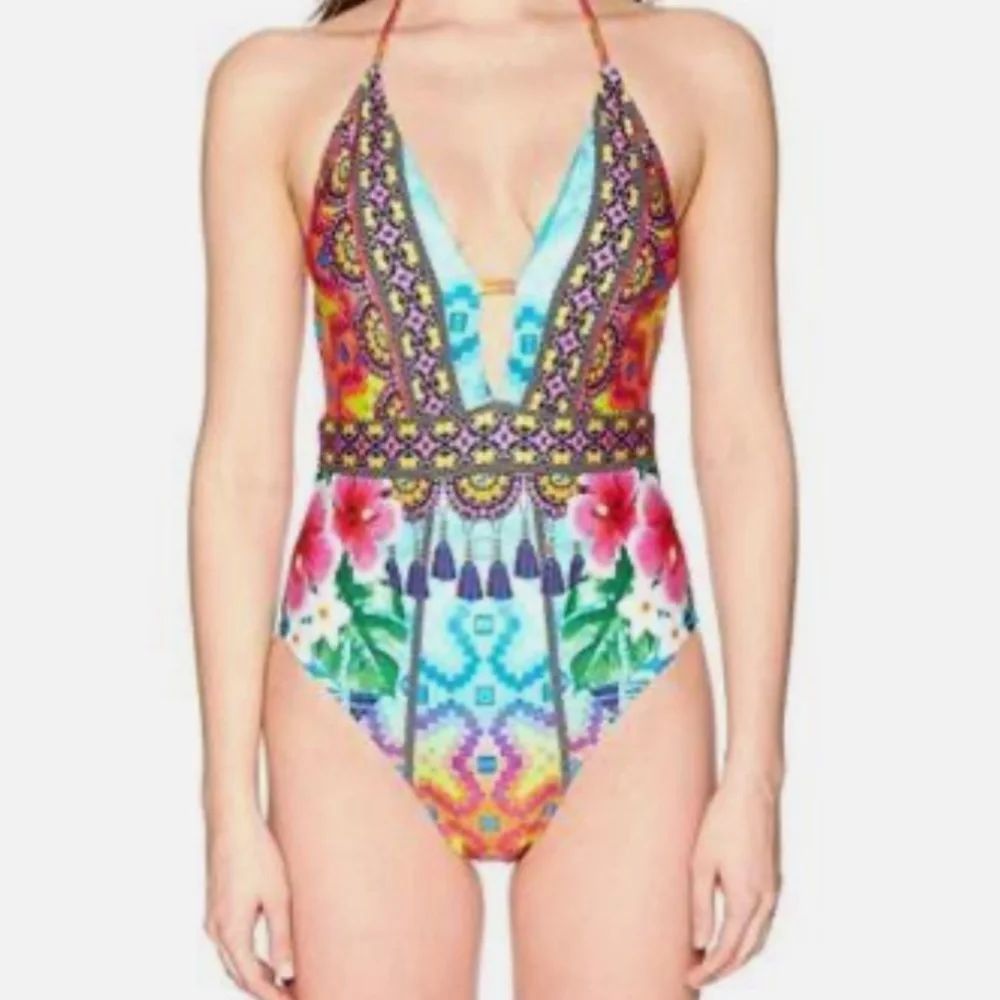 Nanette Lepore Multi Color Keyhole Plunging Neckline One Piece Swimsuit - Picture 9 of 11